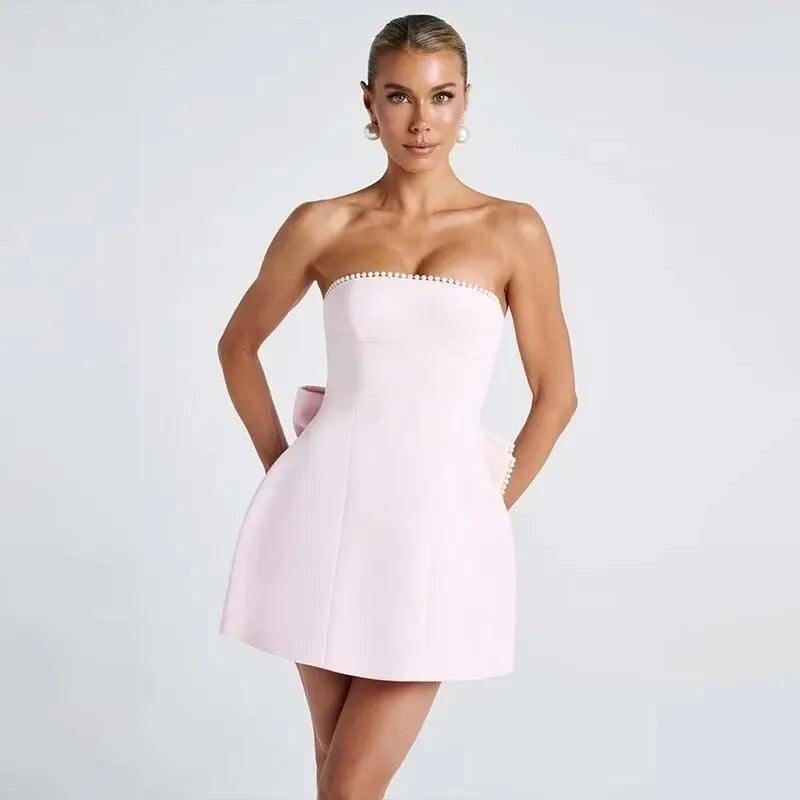 Bow Pearl Waist Wrap Backless Mini Dress