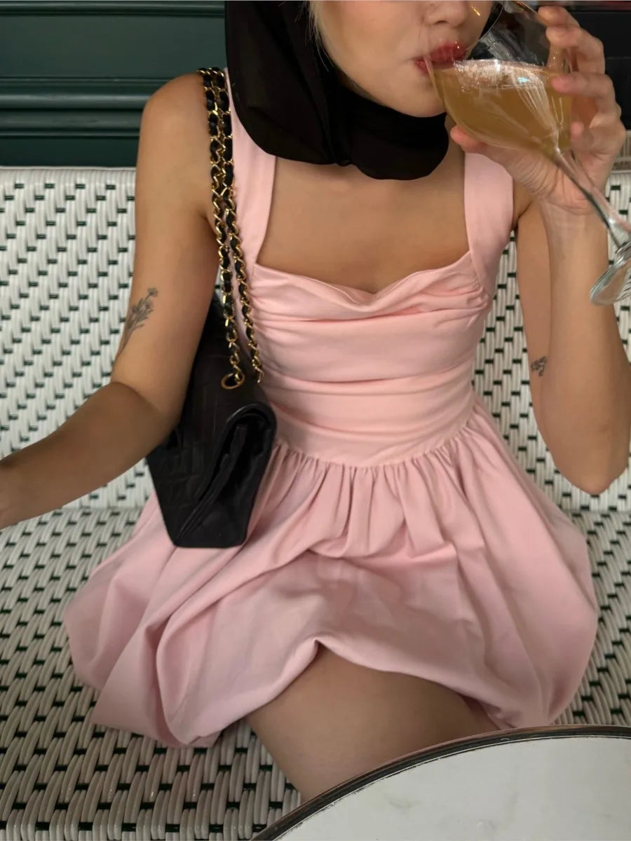 Spring Pink Sweet Mini Dress Women Square Collar Sleeveless Short A line Vestidos Sophisticated Fashion Casual Female Dresses 2025