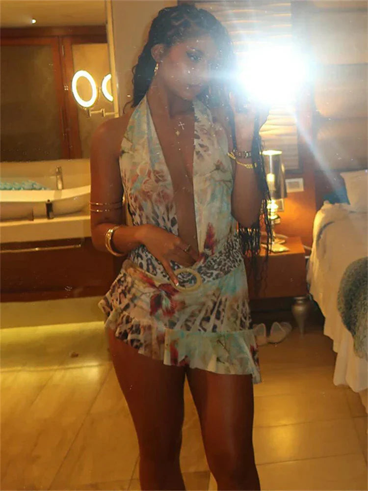 Summer Colourful Leopard Print Halter Mini Dress Beach Outfit Women 2024 Deep V Neck Chic Backless Irregular Party Dress