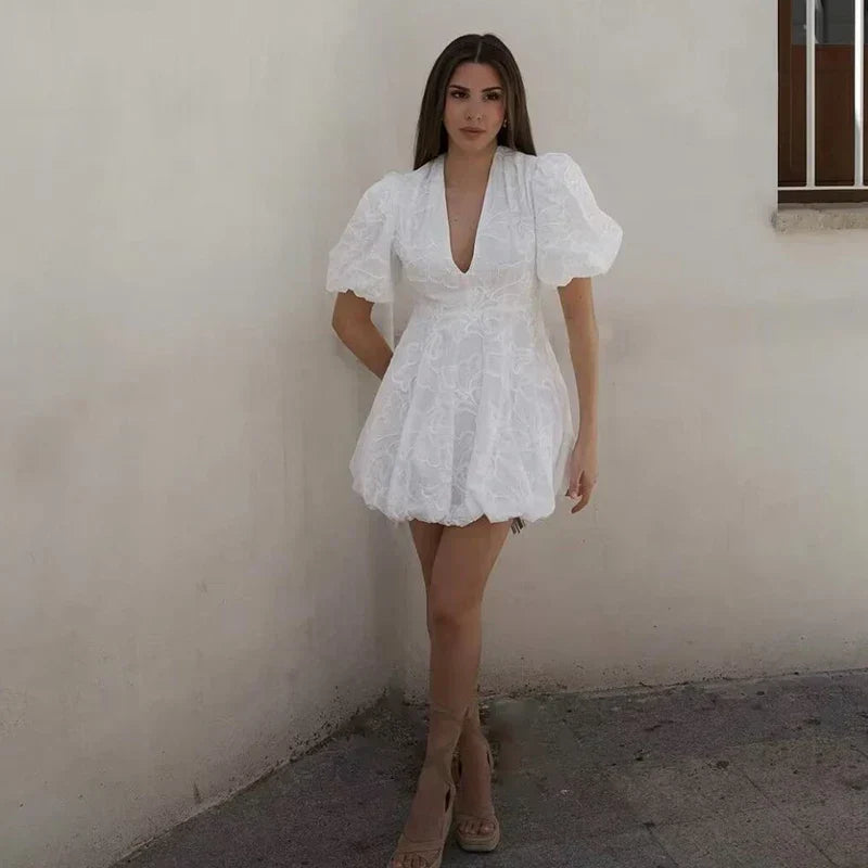 Minimalist Claudia White Mini Dress with Puff Sleeves Elevated Occasion Wear