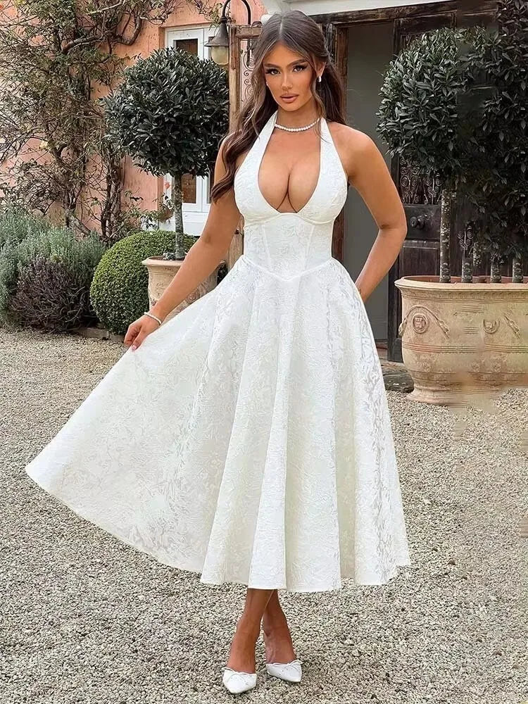Backless Bow Jacquard A Line Mini Dress