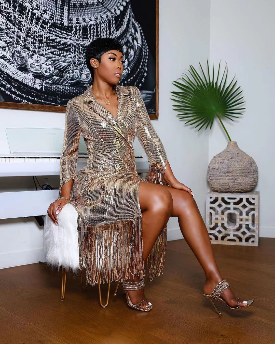 Kissnovaa - Solid Notched Tassel Sequin Decoration Knee Length Dress