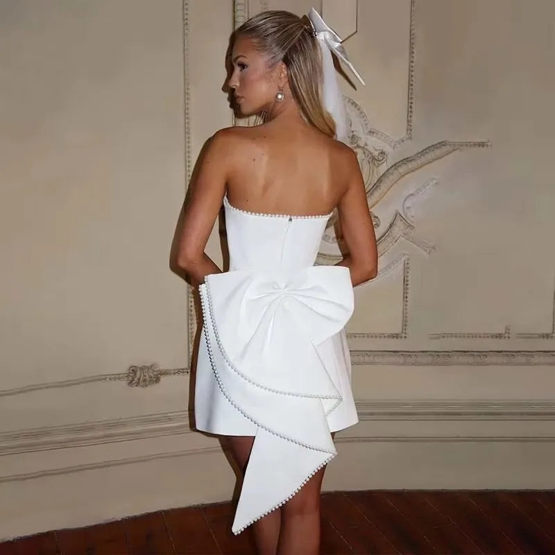 Bow Pearl Waist Wrap Backless Mini Dress