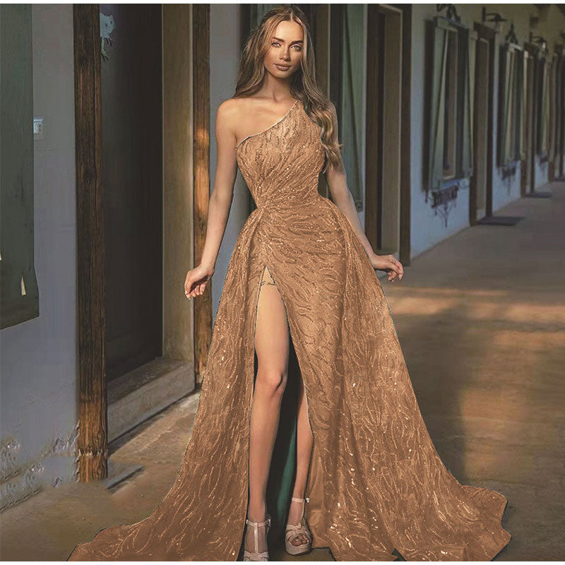 Kissnovaa - Sequin Off Shoulder High Split Inclined Shoulder Dress