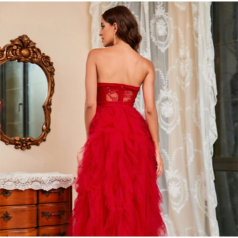 Kissnovaa - Lace Mesh Off Shoulder High Waist Evening Dress