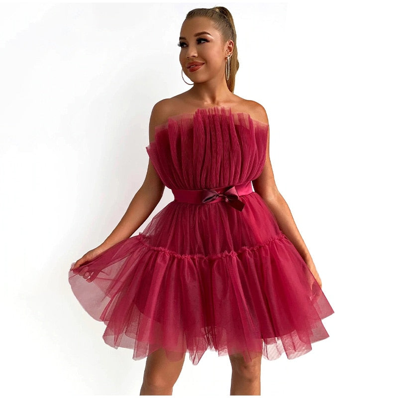 Kissnovaa - Off Shoulder Mesh Tutu Dress Bodycon Lace Short Dress