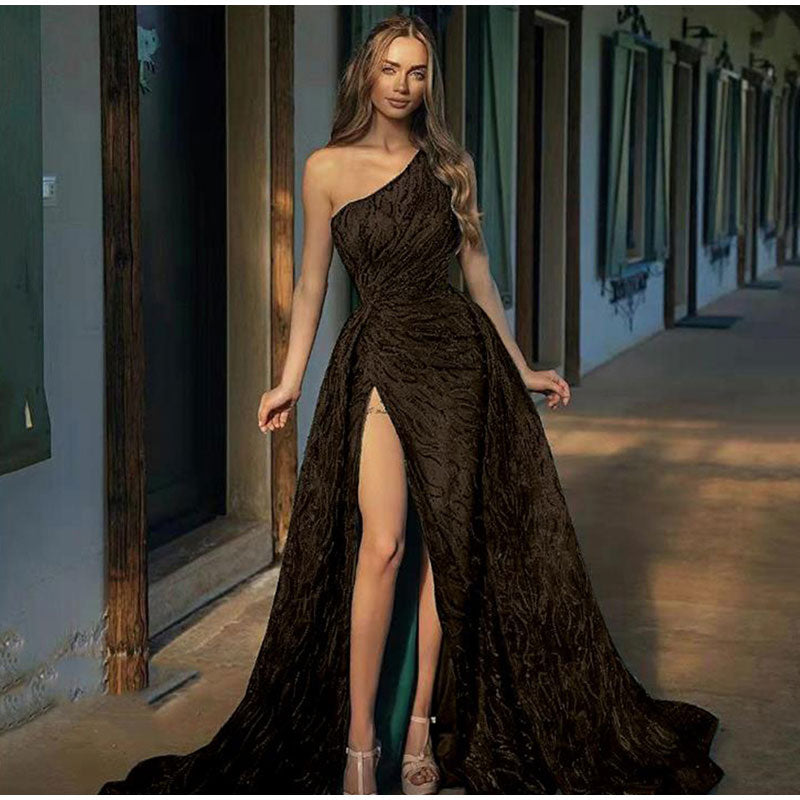 Kissnovaa - Sequin Off Shoulder High Split Inclined Shoulder Dress
