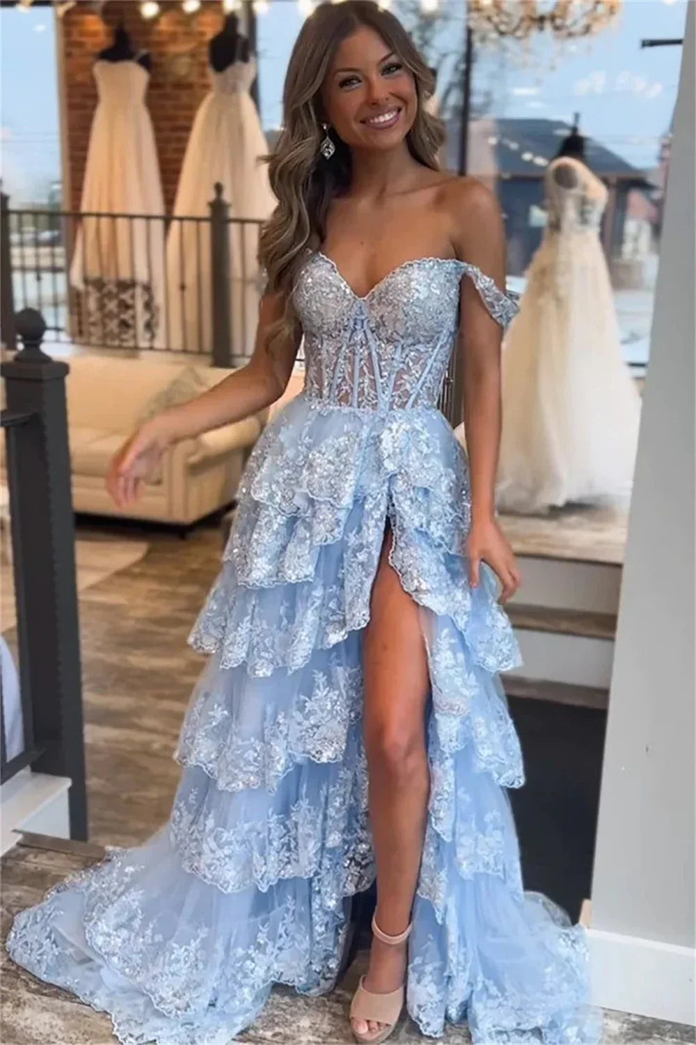 Glitter Black Lace Prom Dress