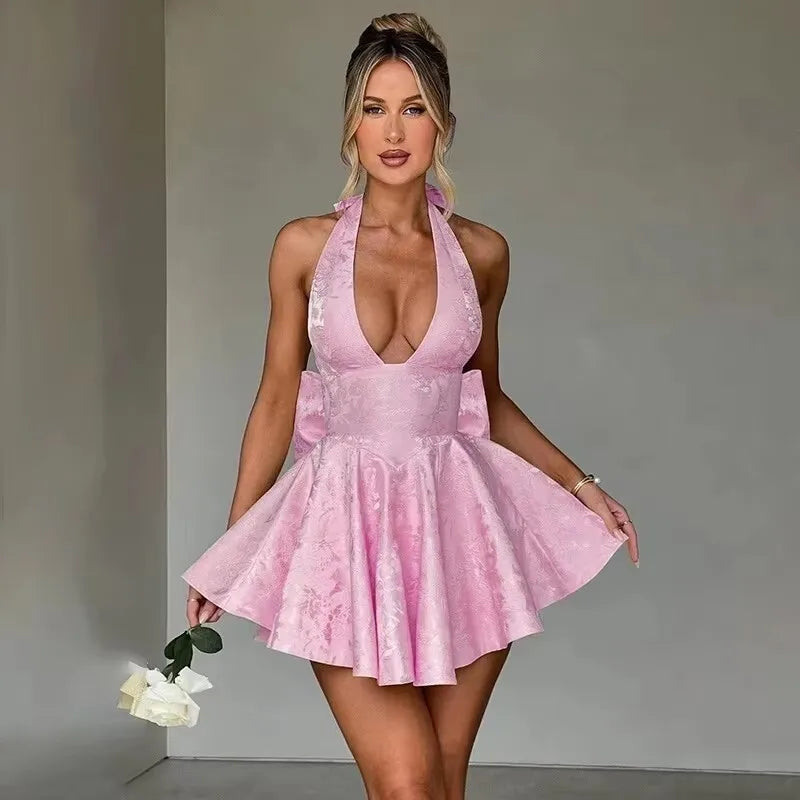 Bow Jacquard Strapless Backless Mini Dress