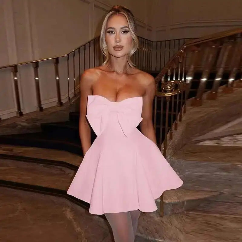 Bow Pearl Waist Wrap Backless Mini Dress