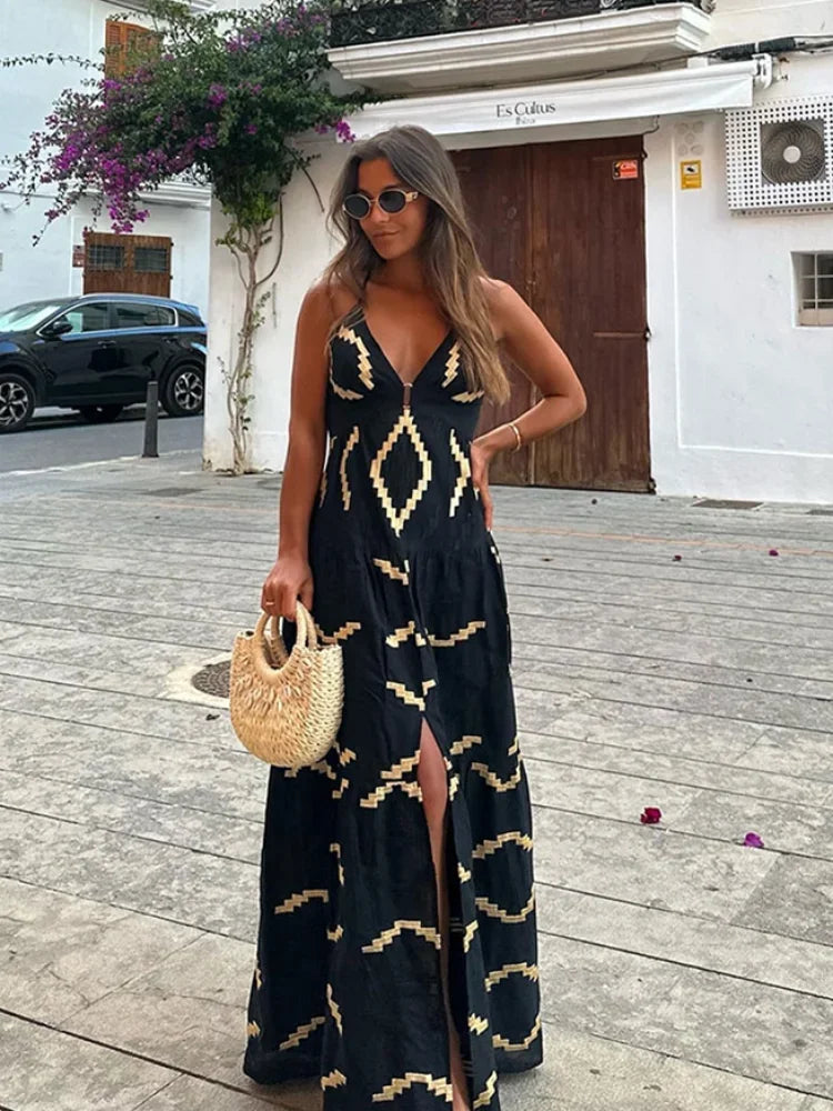 Stylish Backless Women Print Halter Maxi Dress Fashion Deep V neck High Waist Split Dresses Summer Lady Loose High Street Robe