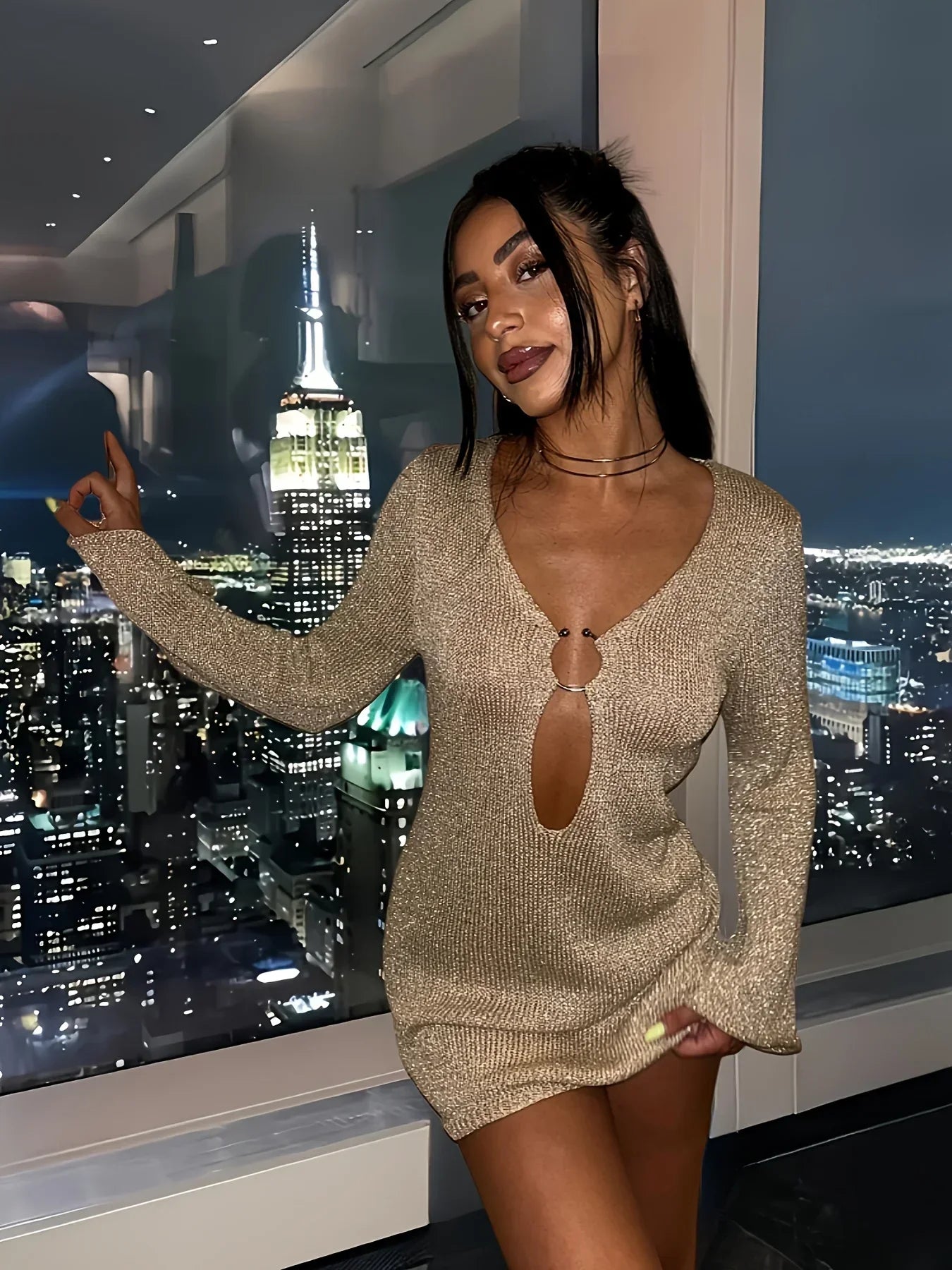Flared Knitted Sleeve V Neck Mini Dress