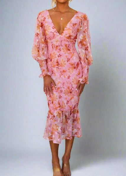 Claudia Minimalist Bloom Print Midi Dress Elevated Occasion Wear