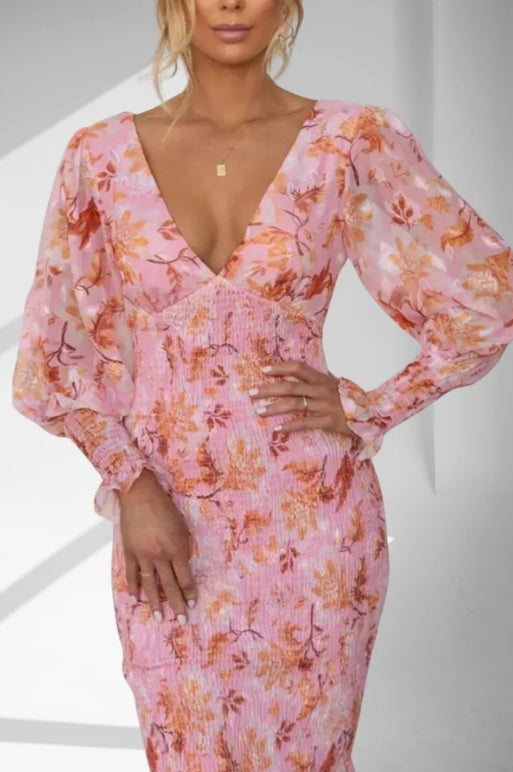 Claudia Minimalist Bloom Print Midi Dress Elevated Occasion Wear