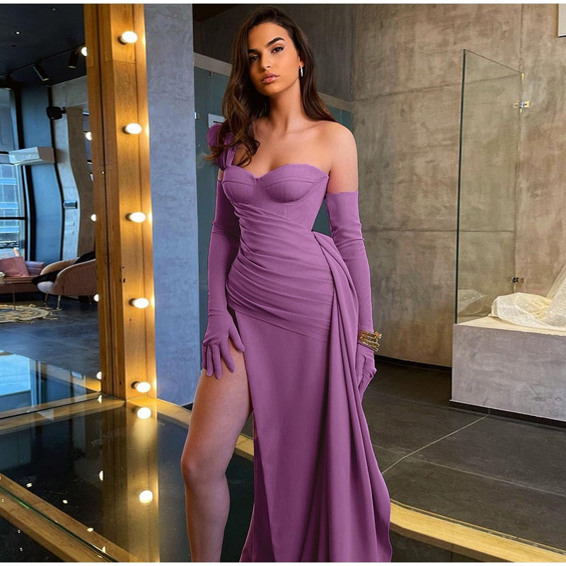 Kissnovaa - Solid Satin Asymmetric Slit Long Sleeve Dress