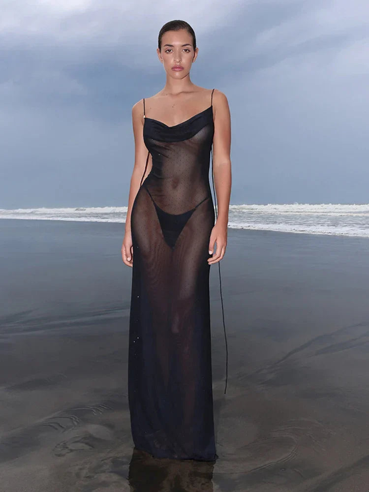 Mesh Sheer Swing Neck Midi Dress