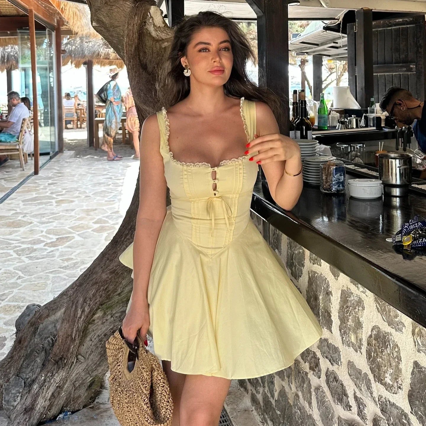 Hollow Lace A Line Yellow Holiday Mini Dress