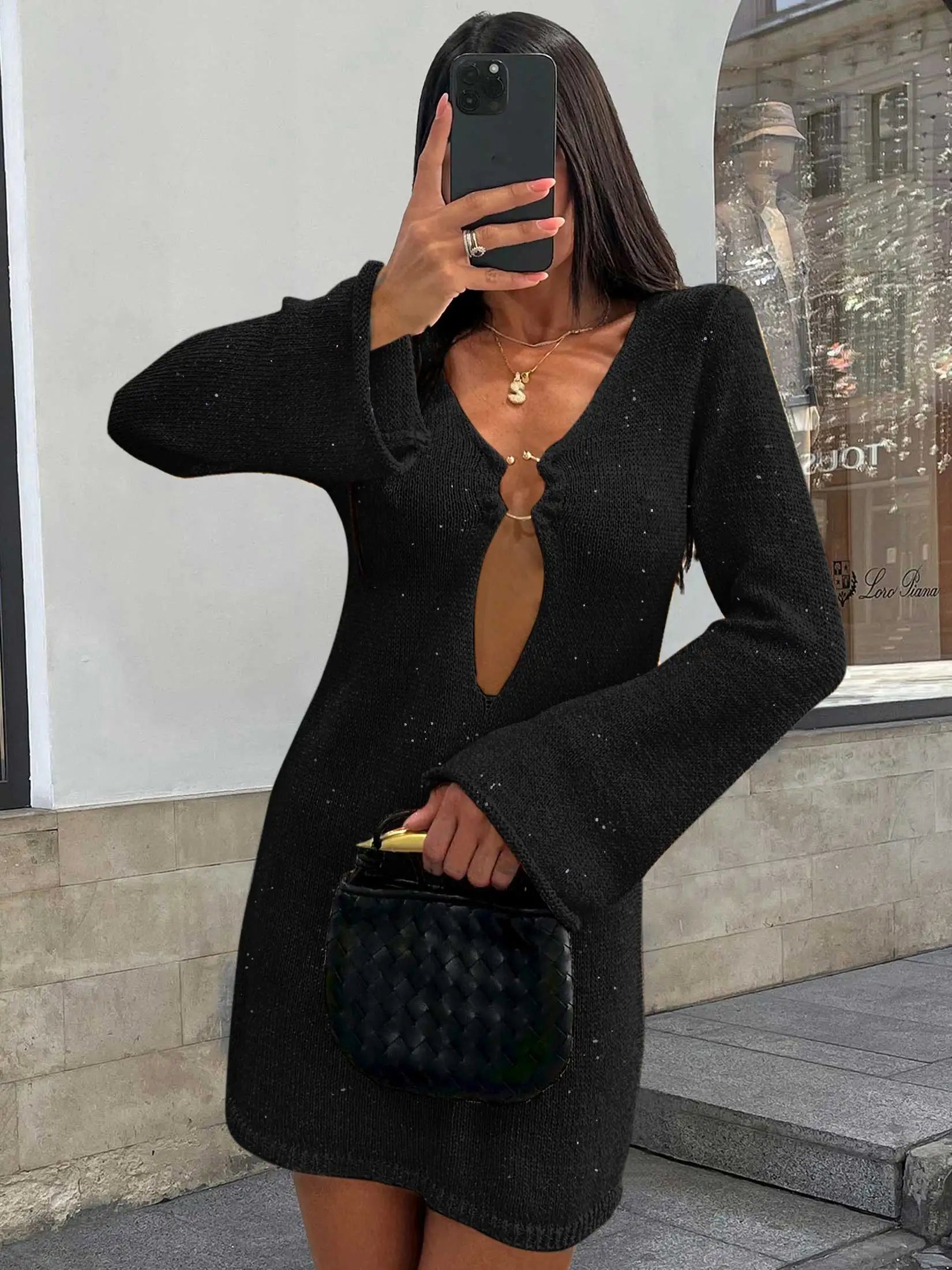 Flared Knitted Sleeve V Neck Mini Dress