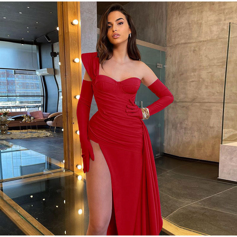 Kissnovaa - Solid Satin Asymmetric Slit Long Sleeve Dress