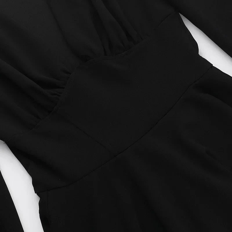 Sexy Low Cut Long Sleeve Pleated Mini Dress Women Graceful Wrap Waist Slim Party Vestido Spring Fall Harajuku Y2K Clothes