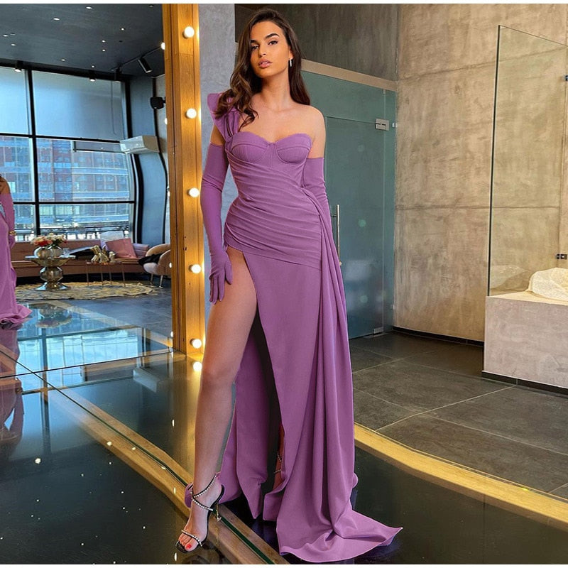 Kissnovaa - Solid Satin Asymmetric Slit Long Sleeve Dress