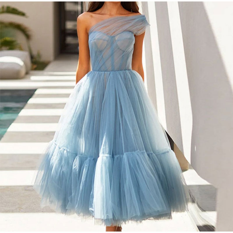 Kissnovaa - One Shoulder Tulle Mesh Evening Party A-Line Tutu Dress