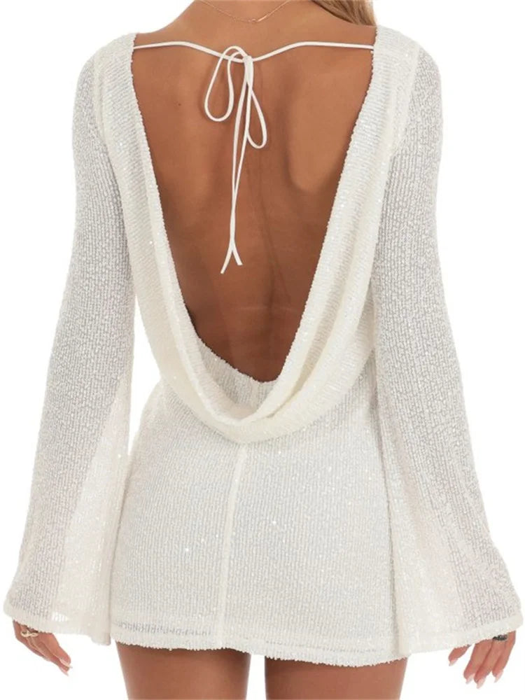 Sequined Sparkle Backless Ruched Mini Dress