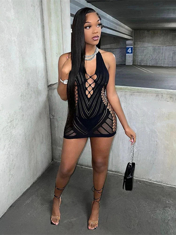 Lace Transparent Halter Backless Mini Dress