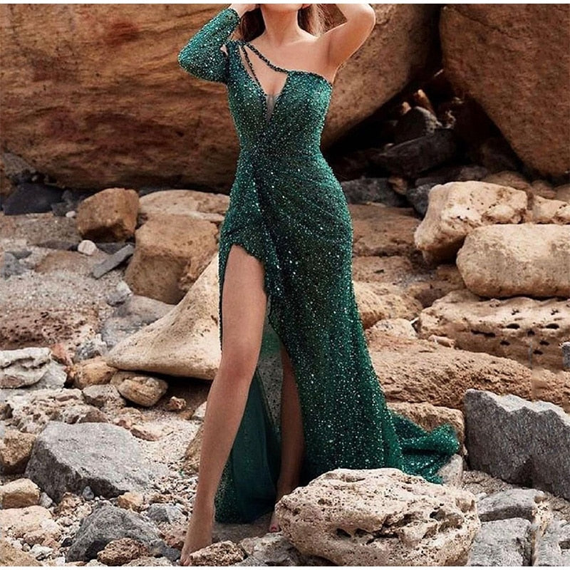 Kissnovaa - Sequins V Neck Sleeveless Irregular Dress