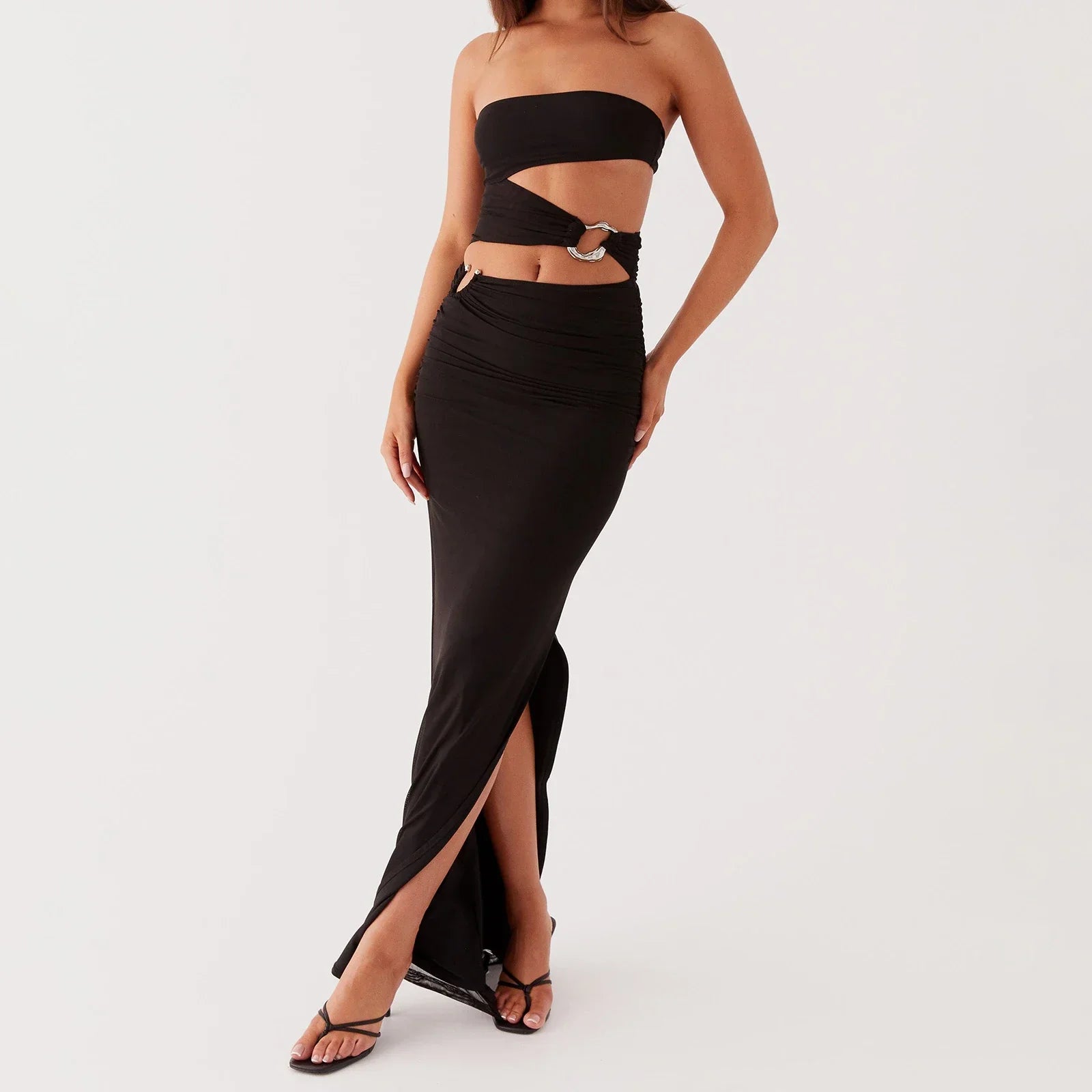 Strapless Hollow Metal Slit Midi Dress