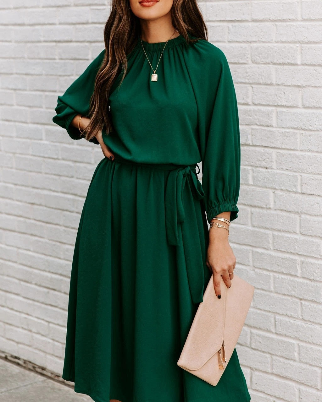 Refined Office Dress Formal Loose Green Long Sleeve Belt ALine Midi Dresses
