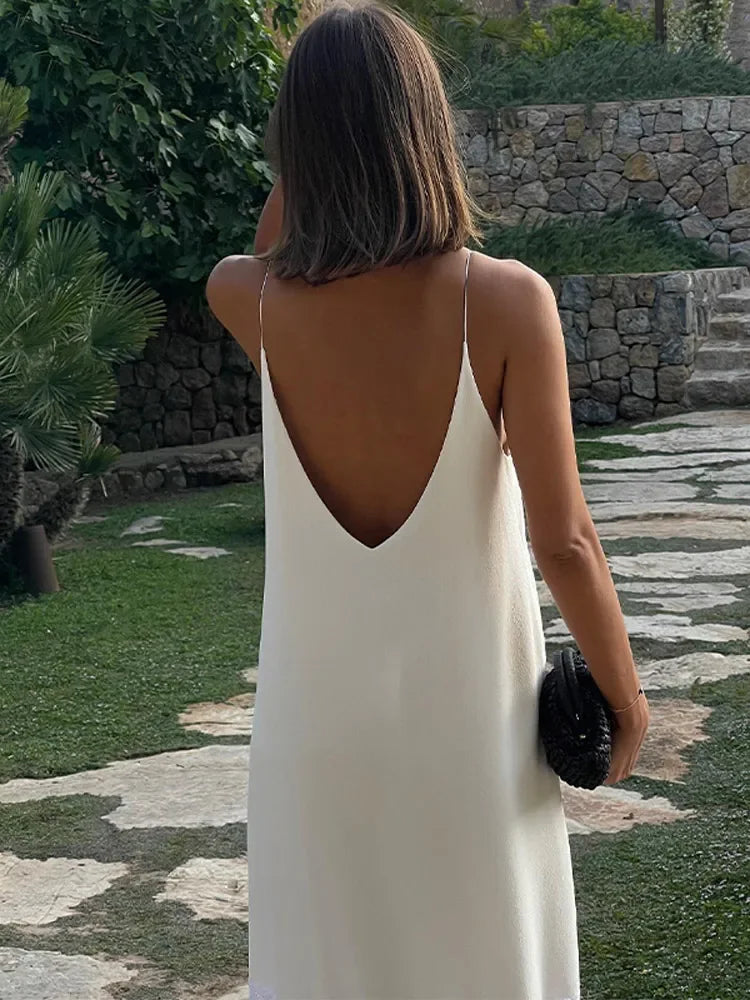 White Edition Satin Mesh Backless Maxi Dress