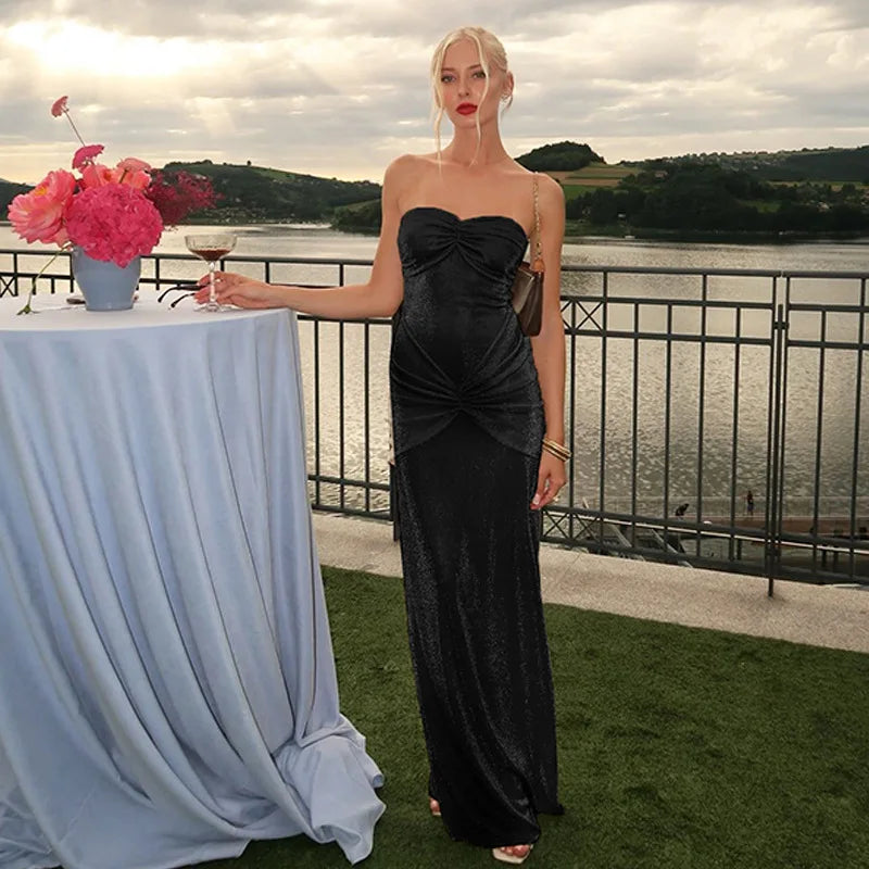Graceful Strapless Long Maxi Mermaid Dress 2025 Women Sleeveless High Waist Ruched Backless Weddiing Party Evening Prom Dresses