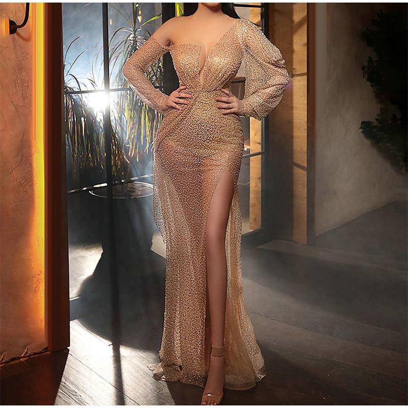 Kissnovaa - Gold Stamping Night Party Long Sleeve Dress