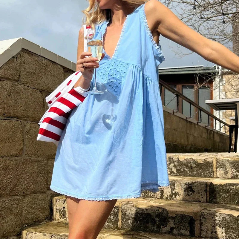 Trim Lace V Neck Flowy ALine Mini Dress