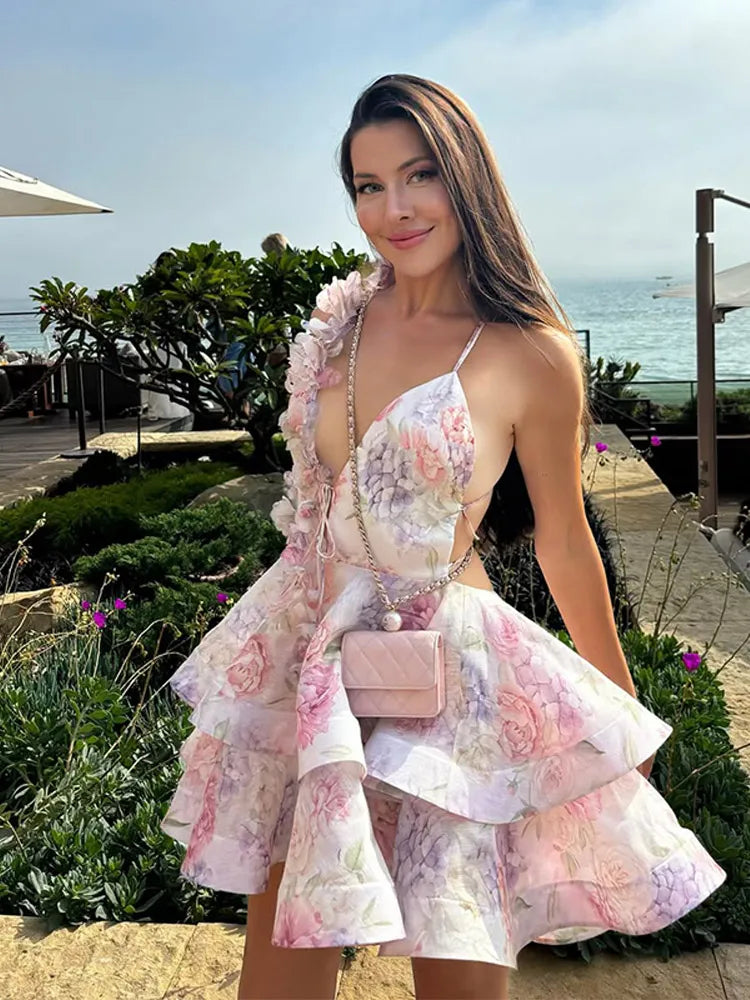 3D Botanical Halter Layered V Neck Mini Dress