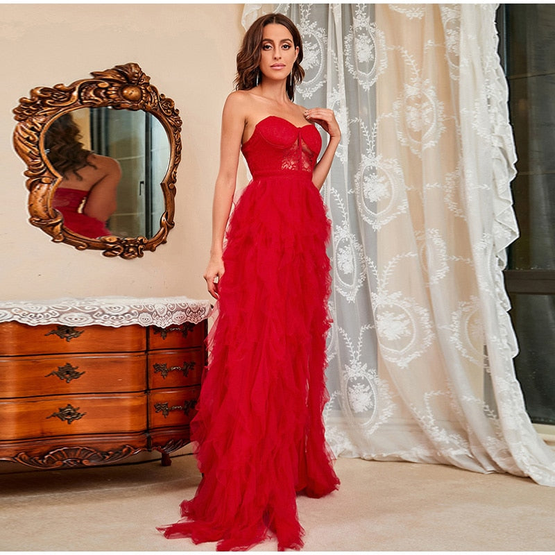 Kissnovaa - Lace Mesh Off Shoulder High Waist Evening Dress