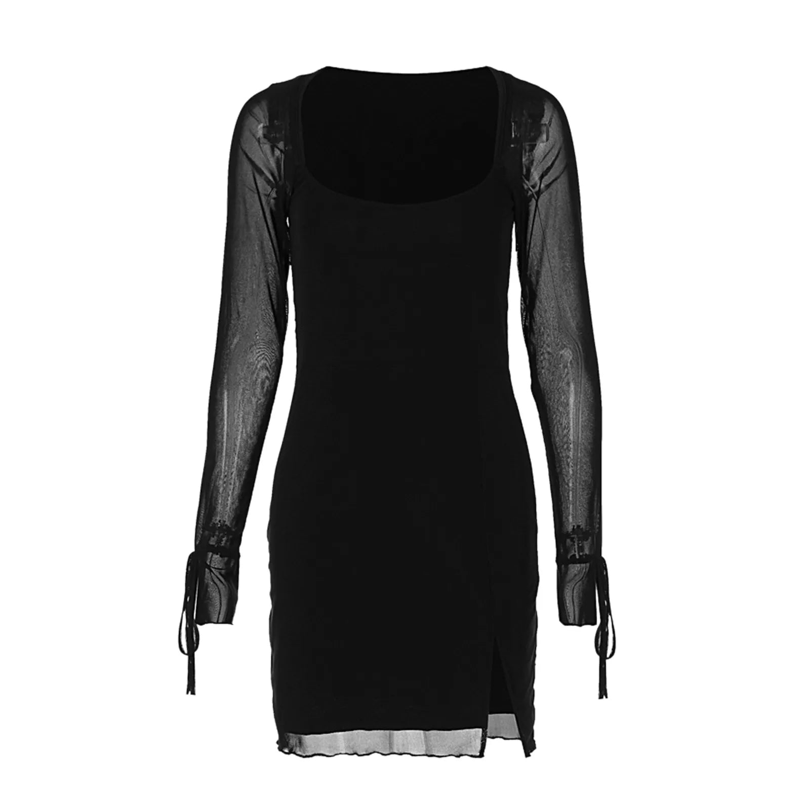 Through See Mesh Square Collar Solid Color Club Slit Mini Dress