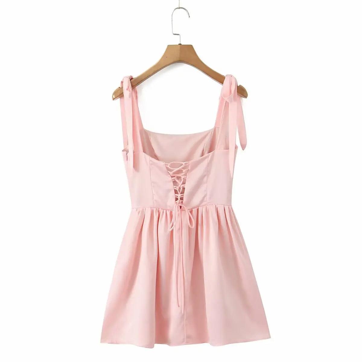 2025 Pleated Design Tie up Sleeveless Summer Dresses Women Solid Color Fitted Fit Mini Dress Simple Fashion Party Dress