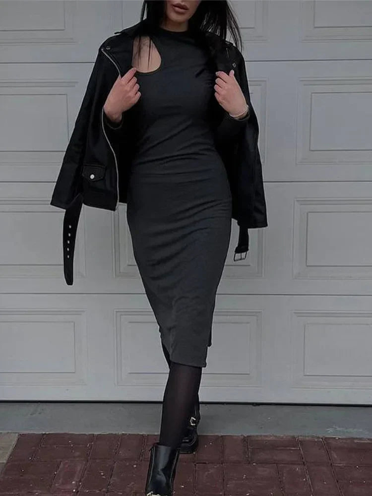 Cut Out Oneck Long Sleeve Solid Relaxed Midi Dresses