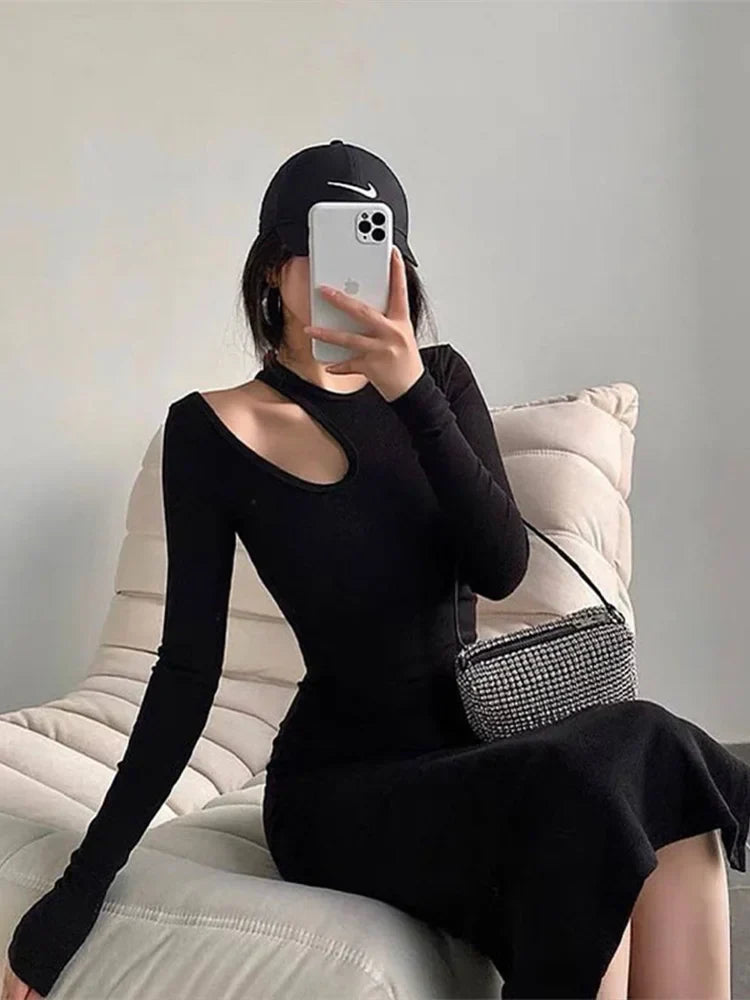 Cut Out Sophisticated Oneck Long Solid Casual Midi Dresses