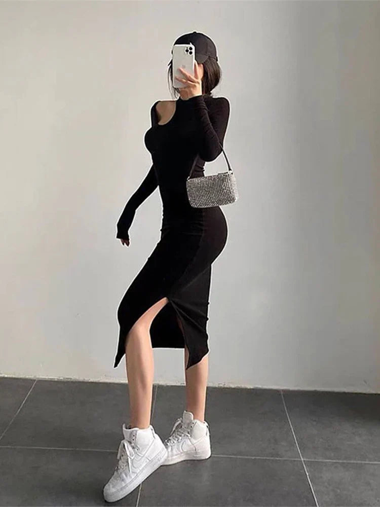 Cut Out Oneck Long Sleeve Solid Relaxed Midi Dresses
