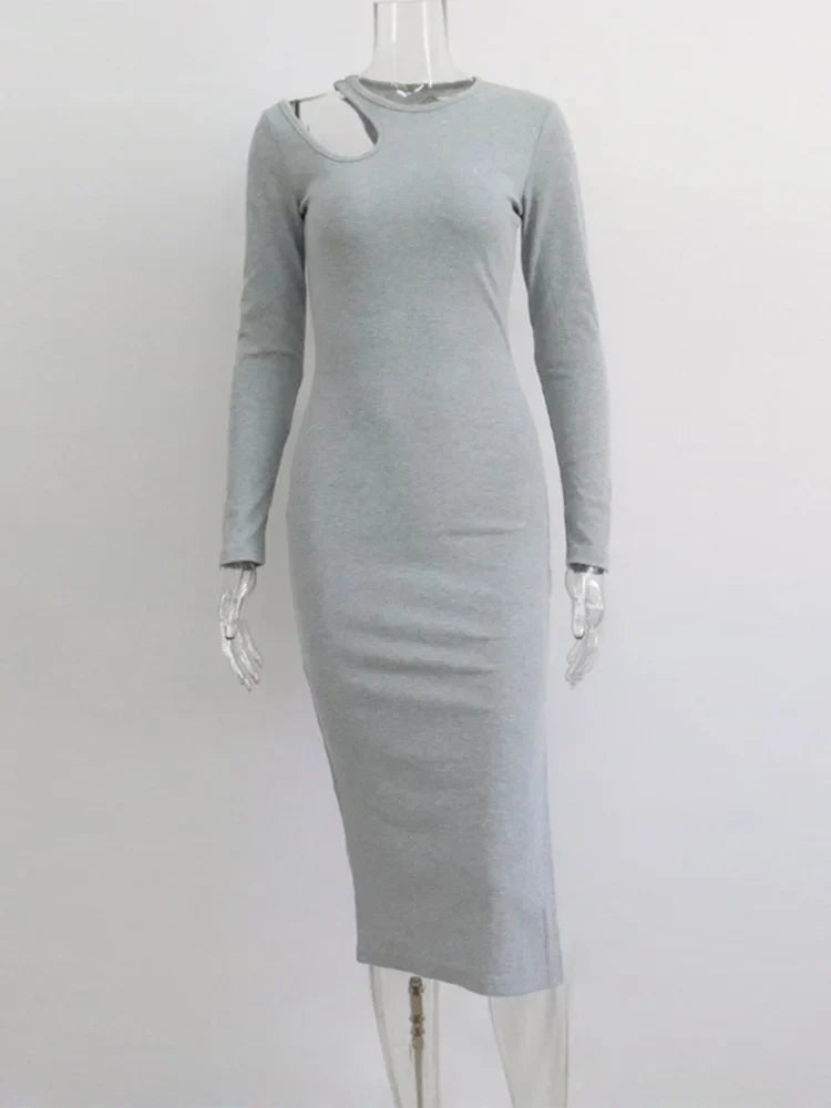 Cut Out Oneck Long Sleeve Solid Relaxed Midi Dresses