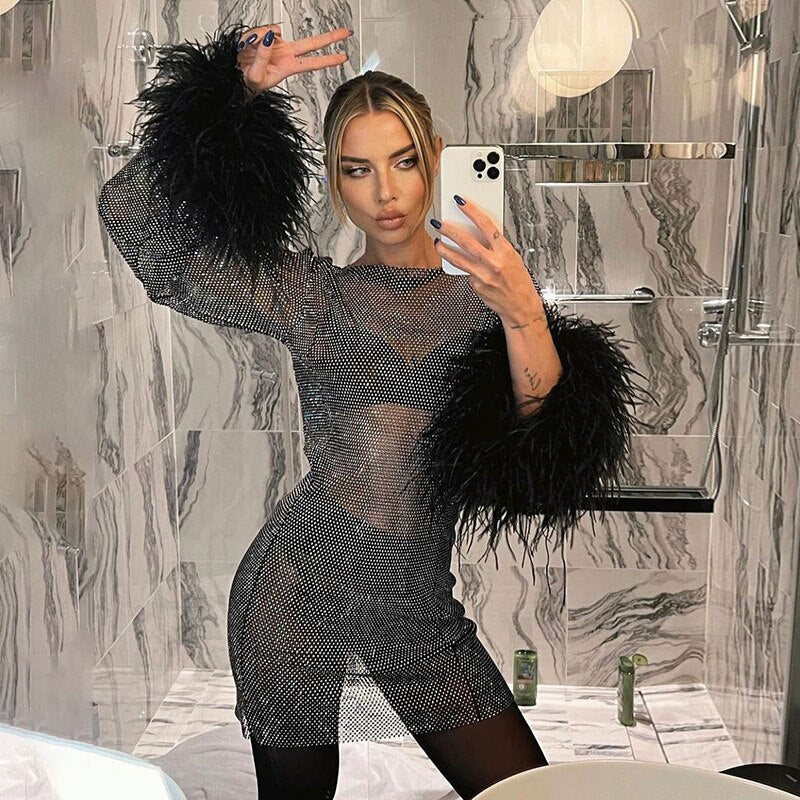 Kissnovaa - See Through Long Sleeve Shinny Sequins Club Party Outfit