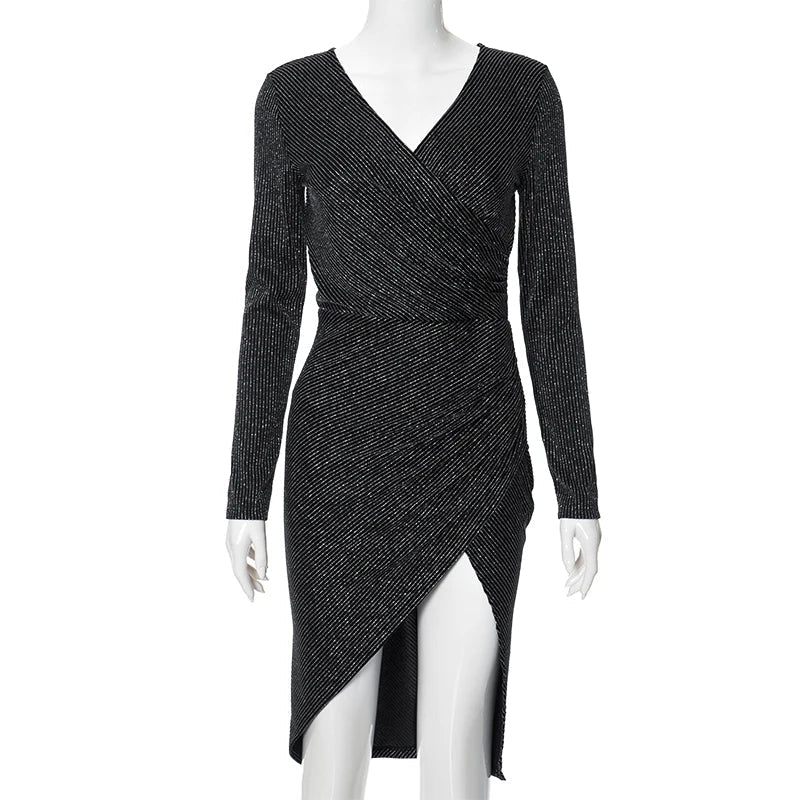 Slash Sparkle Neck Wrapped Ruched Midi Dress