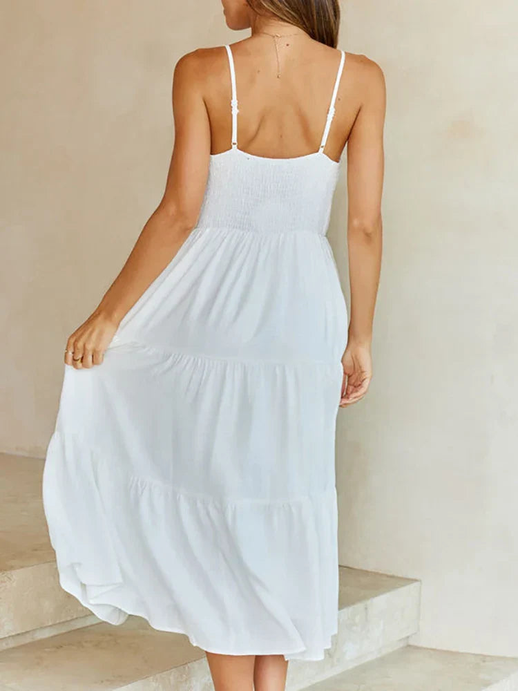 Color Solid Spaghetti Strap A Line Basic Backless Midi Dresses