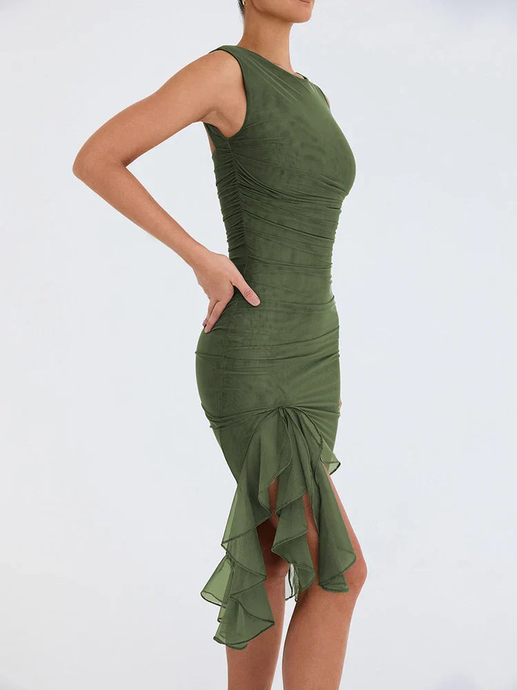 Ruched Ruffle Midi Dress