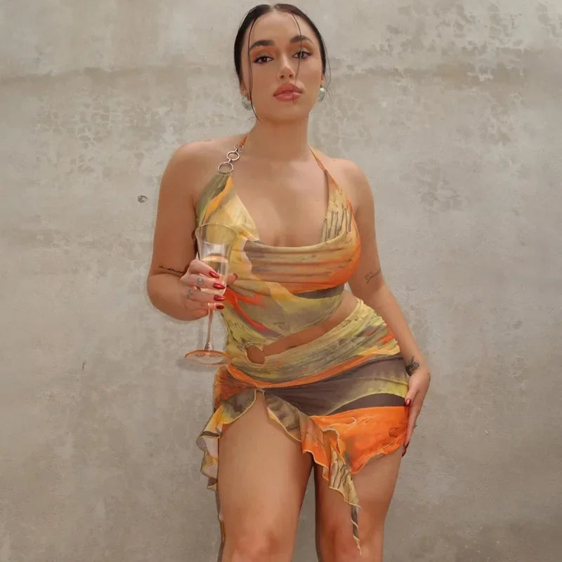 Dye Tie Halter Cut Out Ruffle Mini Dress