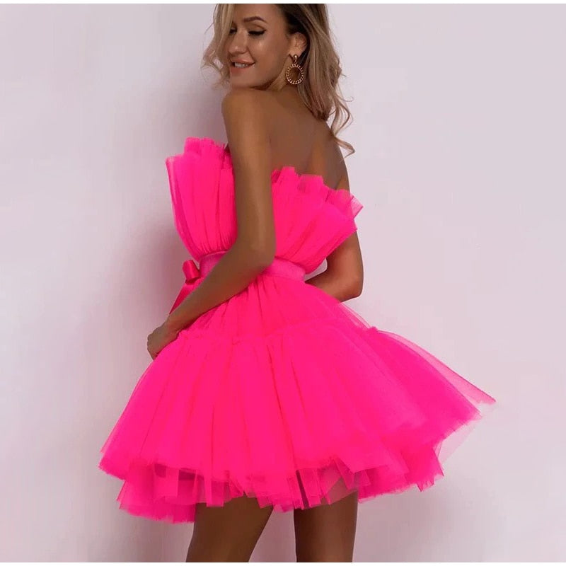 Kissnovaa - Off Shoulder Mesh Tutu Dress Bodycon Lace Short Dress