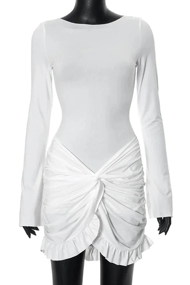 Bodycon Pleated Mini Dress with O Neck and Long Sleeves